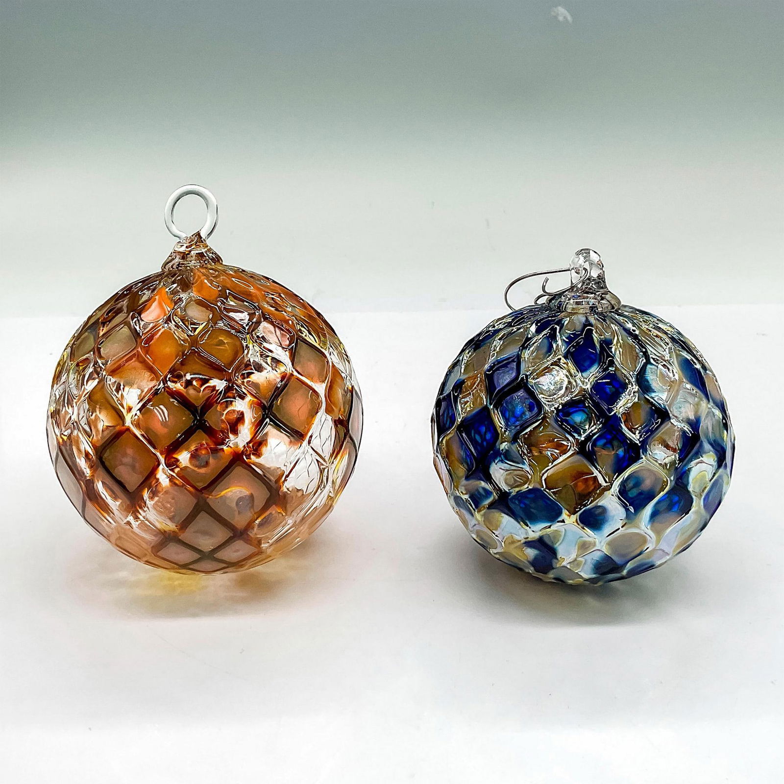 2pc Diamond Cut Hand Blown Glass Ornaments, Blue + Brown (1 of 3)