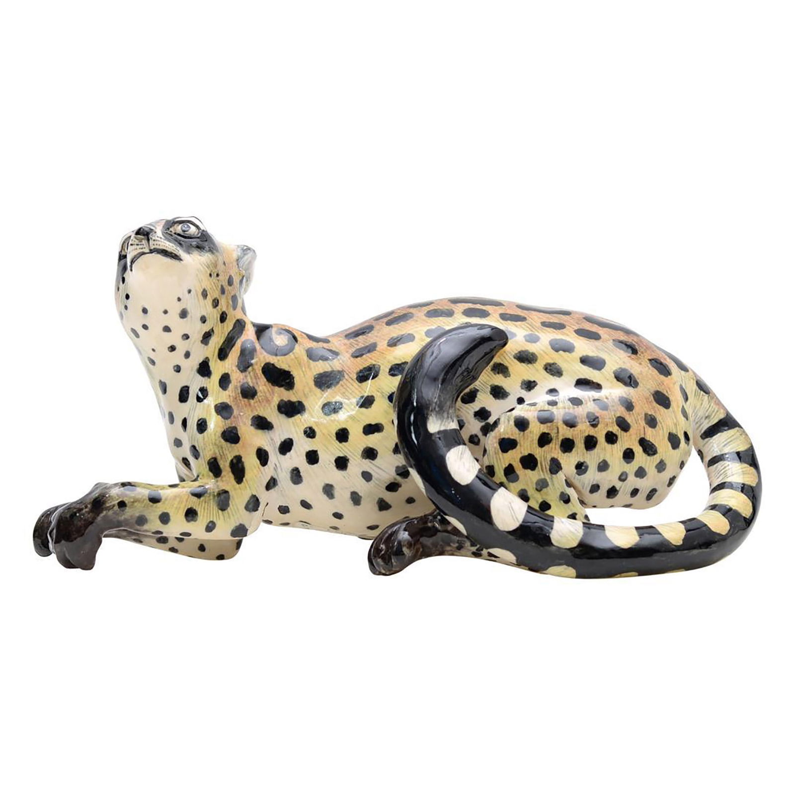 Genet Cat Sculpture by Ardmore Ceramics: Hand sculpted by Moshe Sello and hand painted by Mama Ntombela in South Africa. Dimensions: 9"L x 4"W x 4"H Manufacturer: Ardmore Ceramics Country of Origin: South Africa