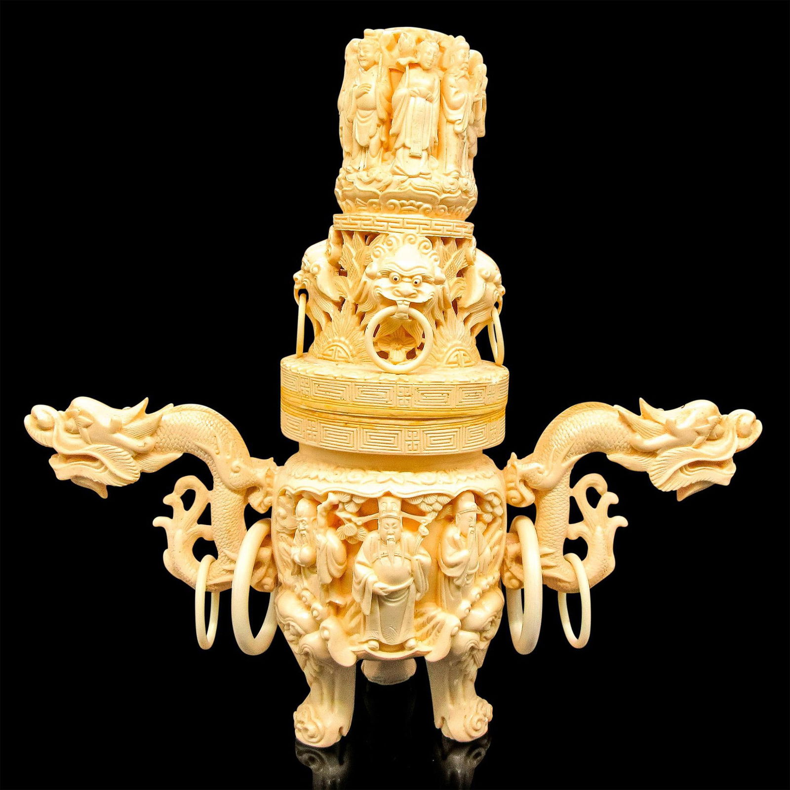 Large Chinese Carved Censer with Figures & Dragons (1 of 3)