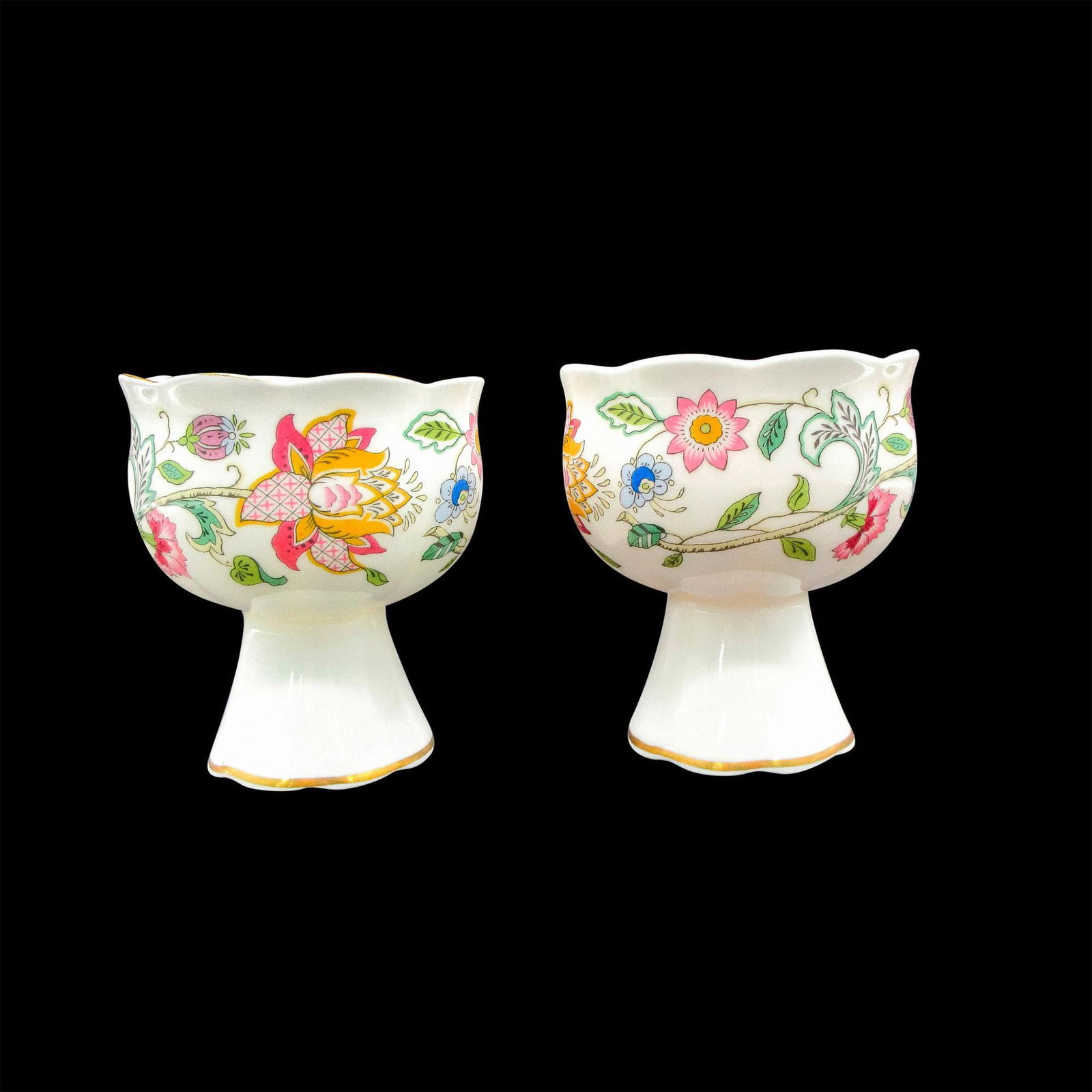 2pc Minton Bone China Haddon Hall Candle Holders: Hand painted floral and vine design with gilded top and base edge. Minton backstamp. Dimensions: 3.75"H x 2.25"dia. Manufacturer: Minton Country of Origin: England