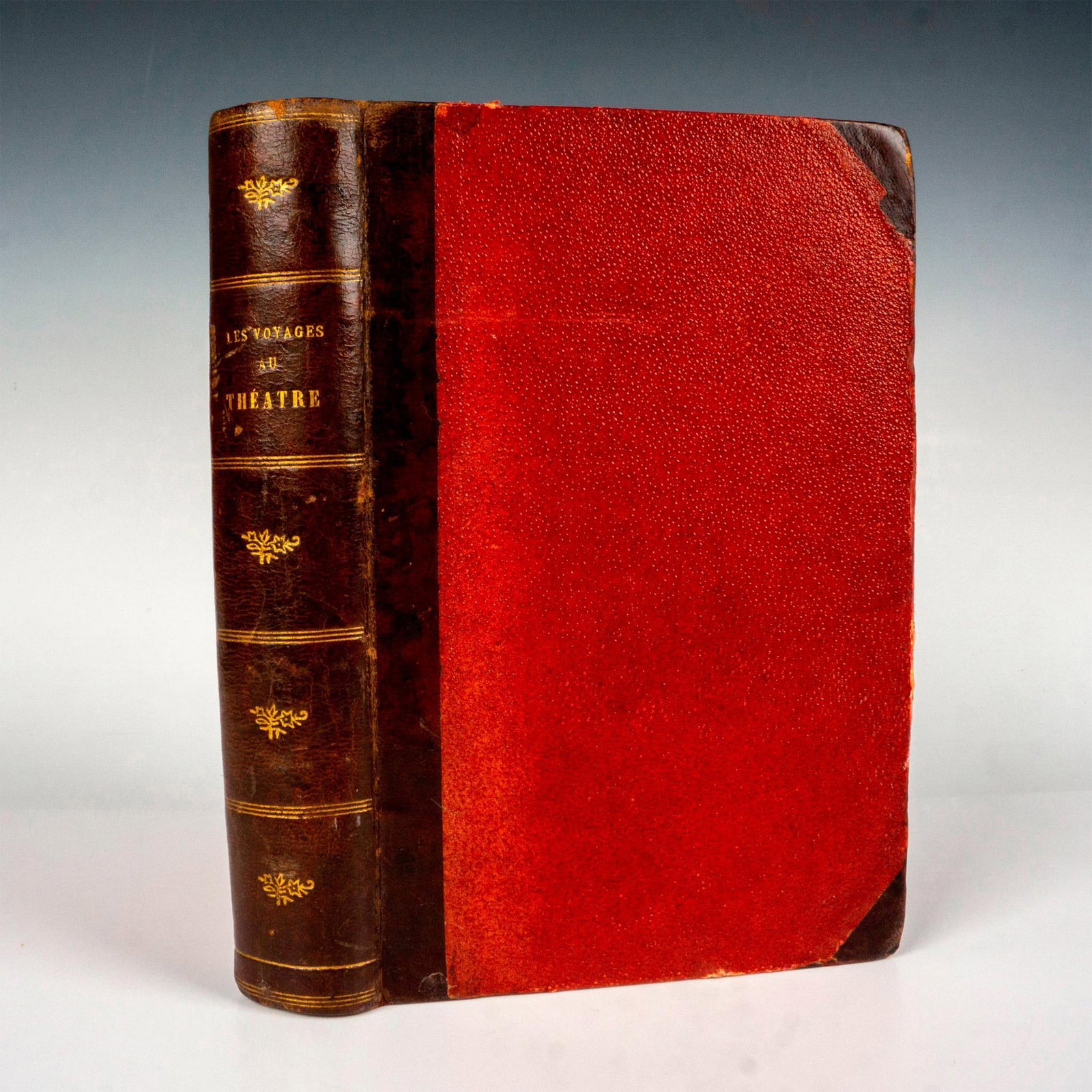 Adolphe D'Ennery & Jules Verne, Les Voyages au Theatre: Leather binding and marbleized inside cover of Les Voyages au Theatre that combines theatrical adaptations?for Le Tour du Monde en 80 jours; Les Enfants du Capitaine Grant; Michel Strogoff (Around the