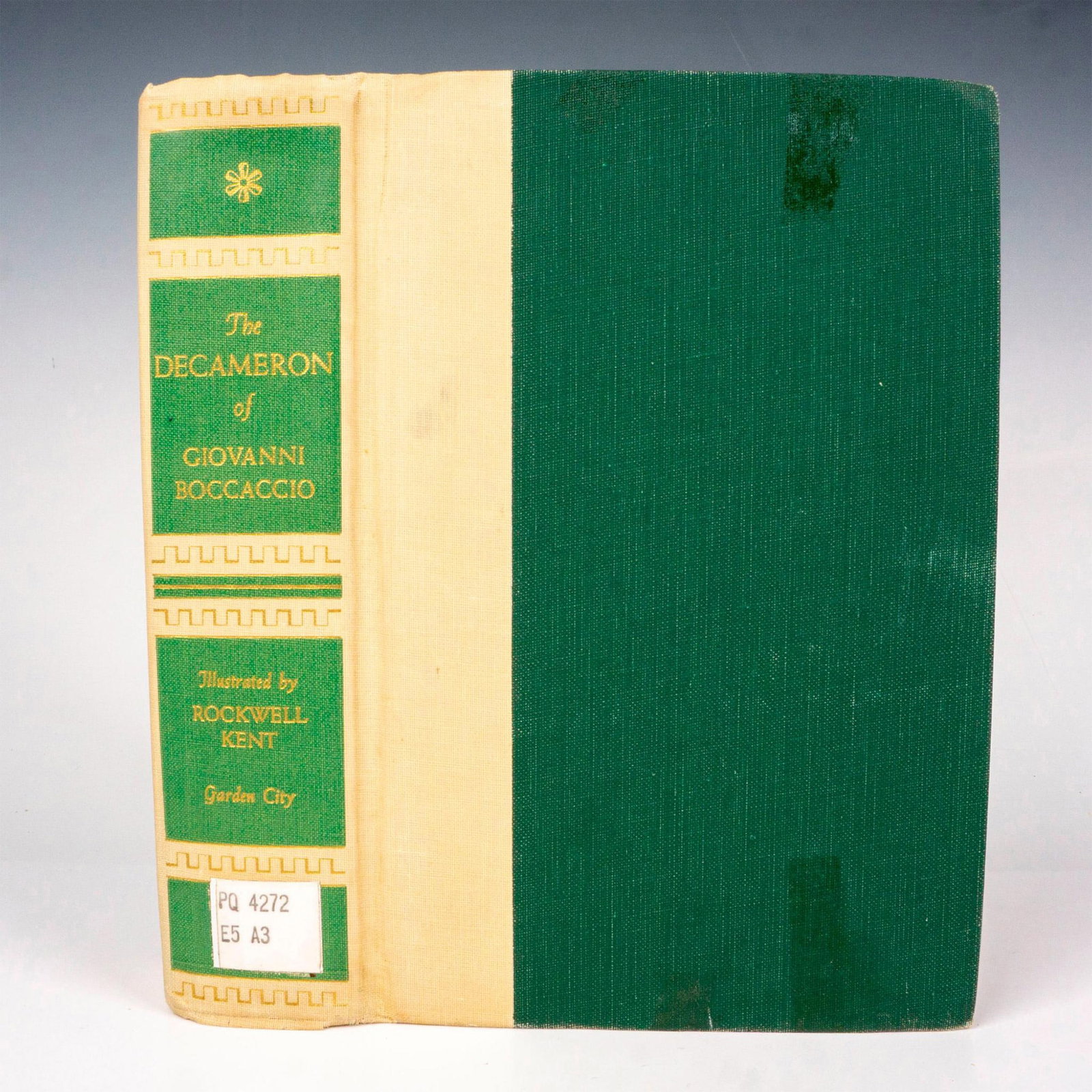 The Decameron, Book by Giovanni Boccaccio: New York: Garden City Publishing, 1949. Green and cream-colored hardcover book, translated by Richard Aldington. 562-pages collection of short stories with illustrations by Rockwell Kent. Artist: Giov