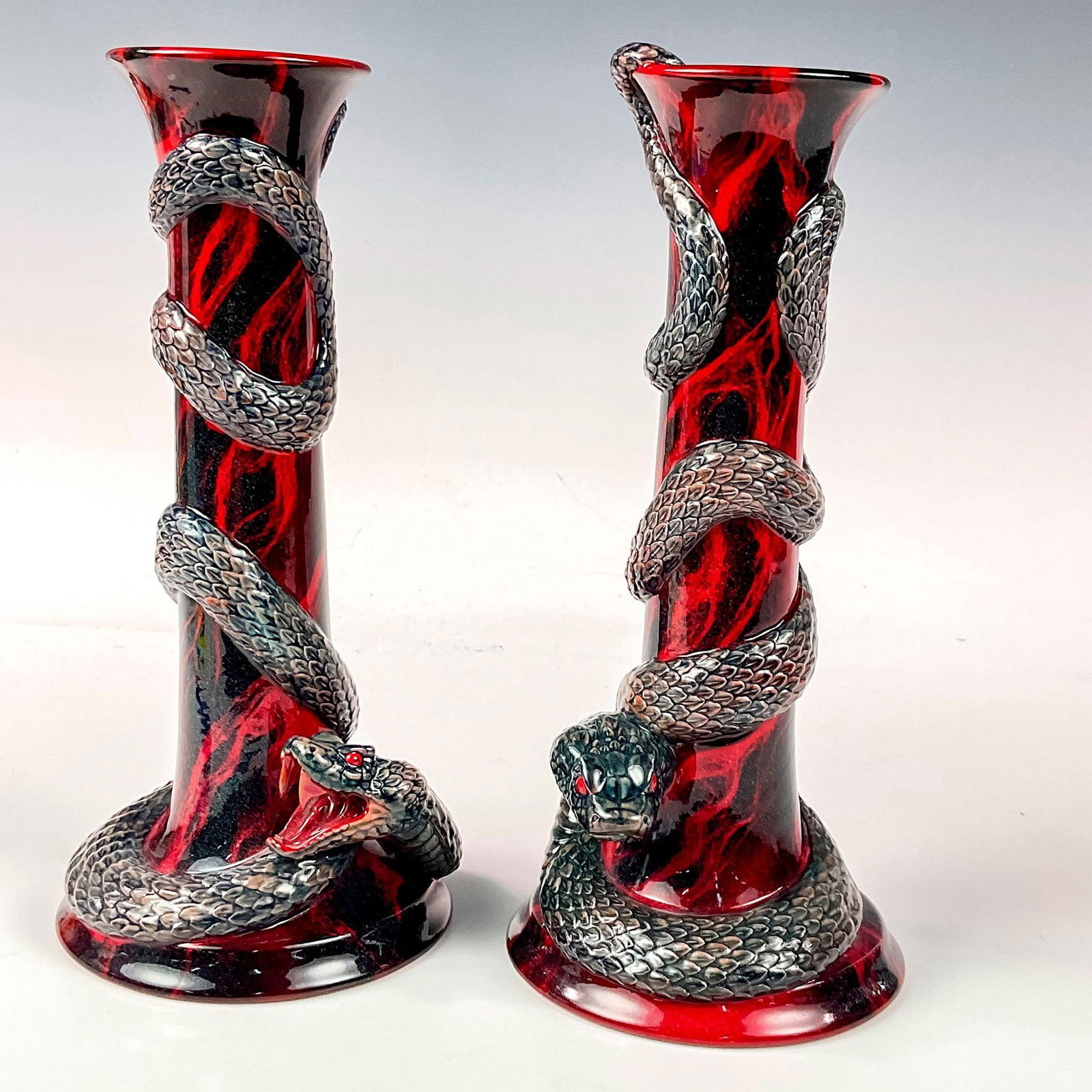 Pair of Royal Doulton Flambe Candlesticks, Puning Snake BA24 (1 of 3)