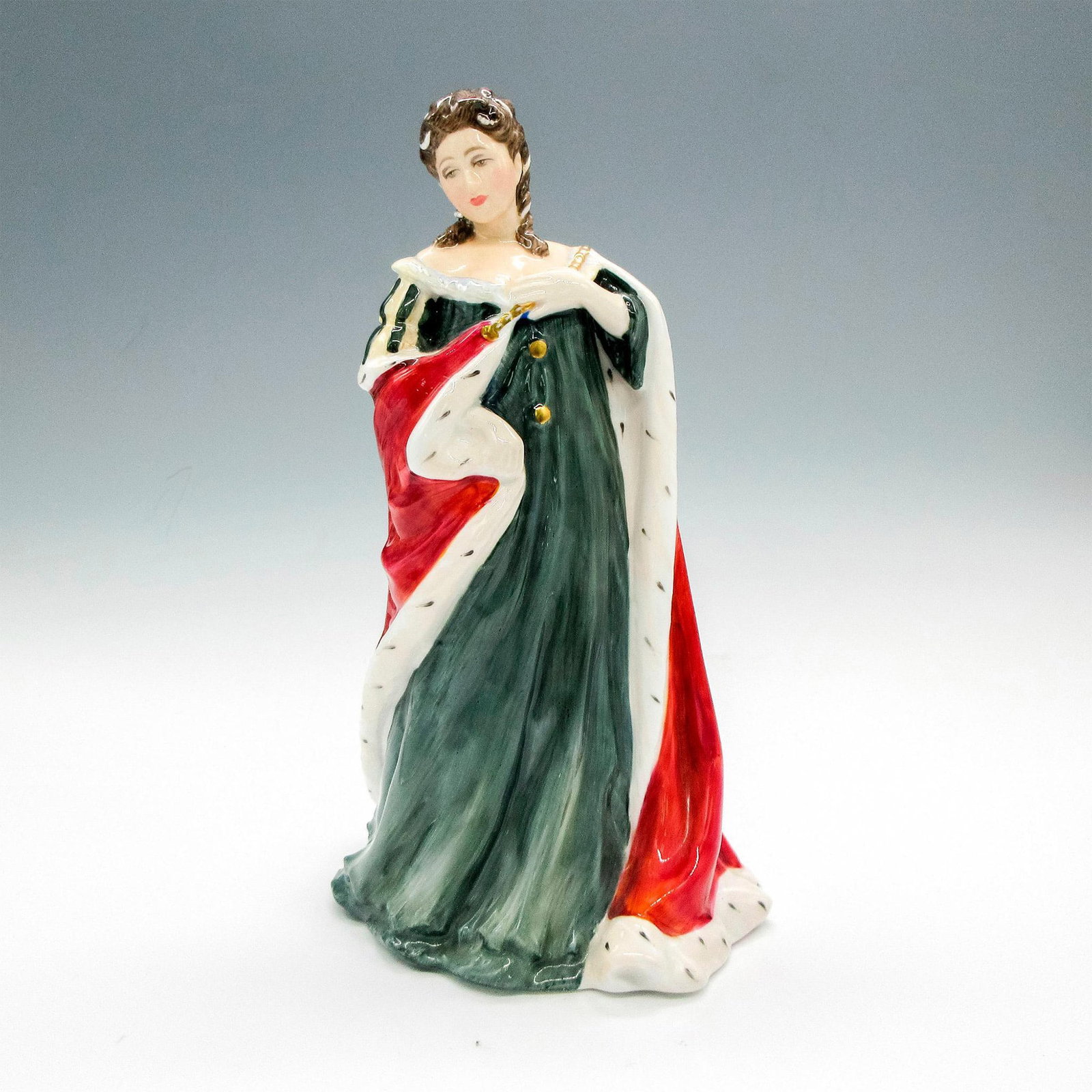 Queen Anne HN3141 - Royal Doulton Figurine: Third in a collection of four handmade, hand decorated limited edition of 5000. Part of the Queens of the Realm collection. Royal Doulton backstamp. Artist: Pauline Parsons Issued: c. 1987 Dimensions: