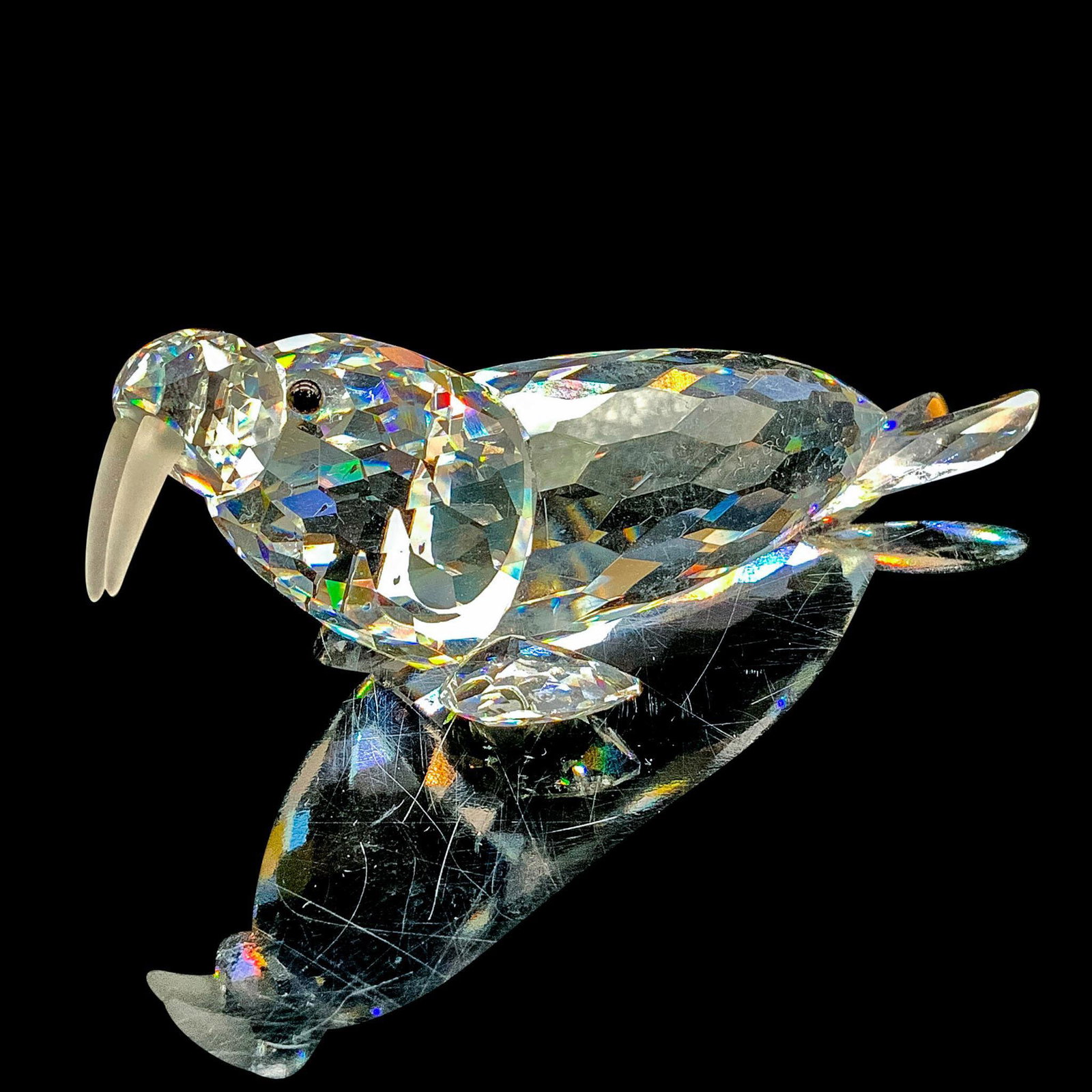 Swarovski Crystal Figurine, Walrus 153901: This retired Swarovski crystal walrus was part of the Kingdom of Ice and Snow group. The walrus is made from clear faceted crystal, with black eyes and frosted tusks. Swarovski backstamp. Artist: Mich