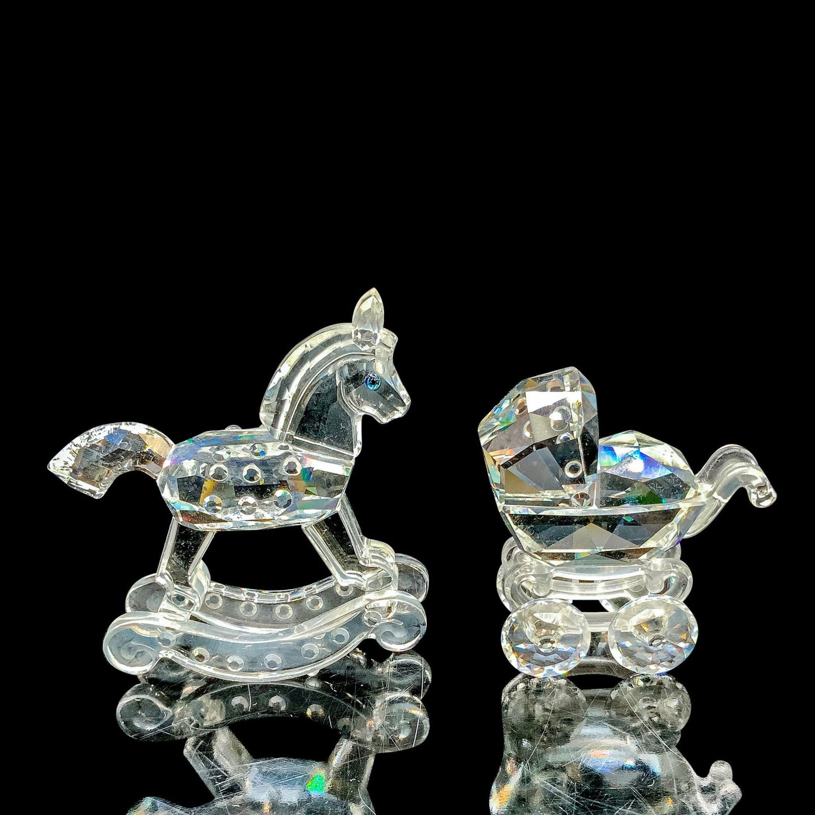 2pc Swarovski Crystal Figurine Baby Carriage & Rocking Horse (1 of 2)