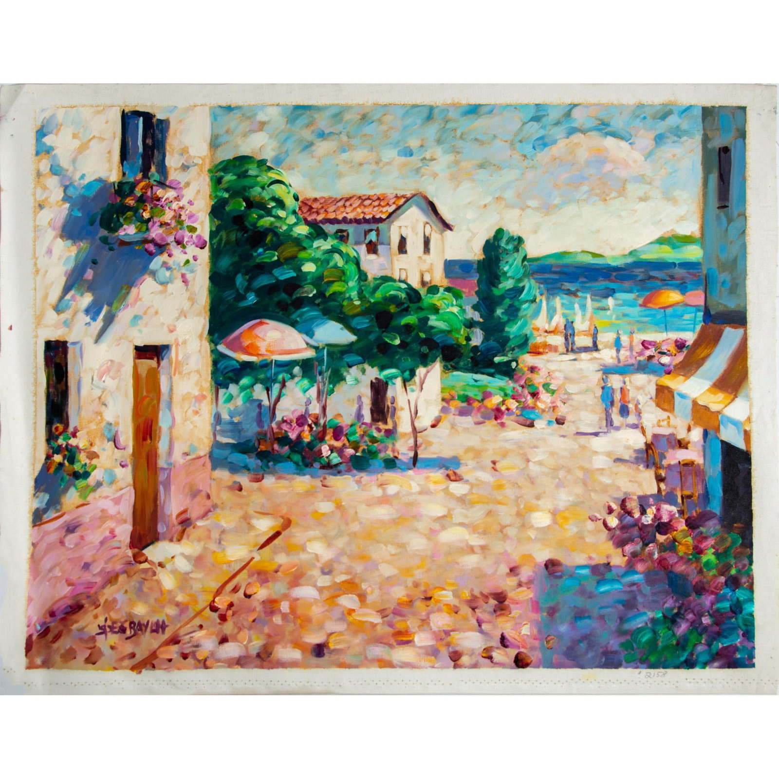 Lisandro Baylon (Argentinian b.1951) Oil on Canvas Painting: Unstretched Canvas. Artist signature lower left. Depicting a picturesque seaside town. Canvas size: 32.25"L x 25.5"H. Image size: 30.25"L x 23.5"H. #LisandroLopezBaylon #Painting Artis