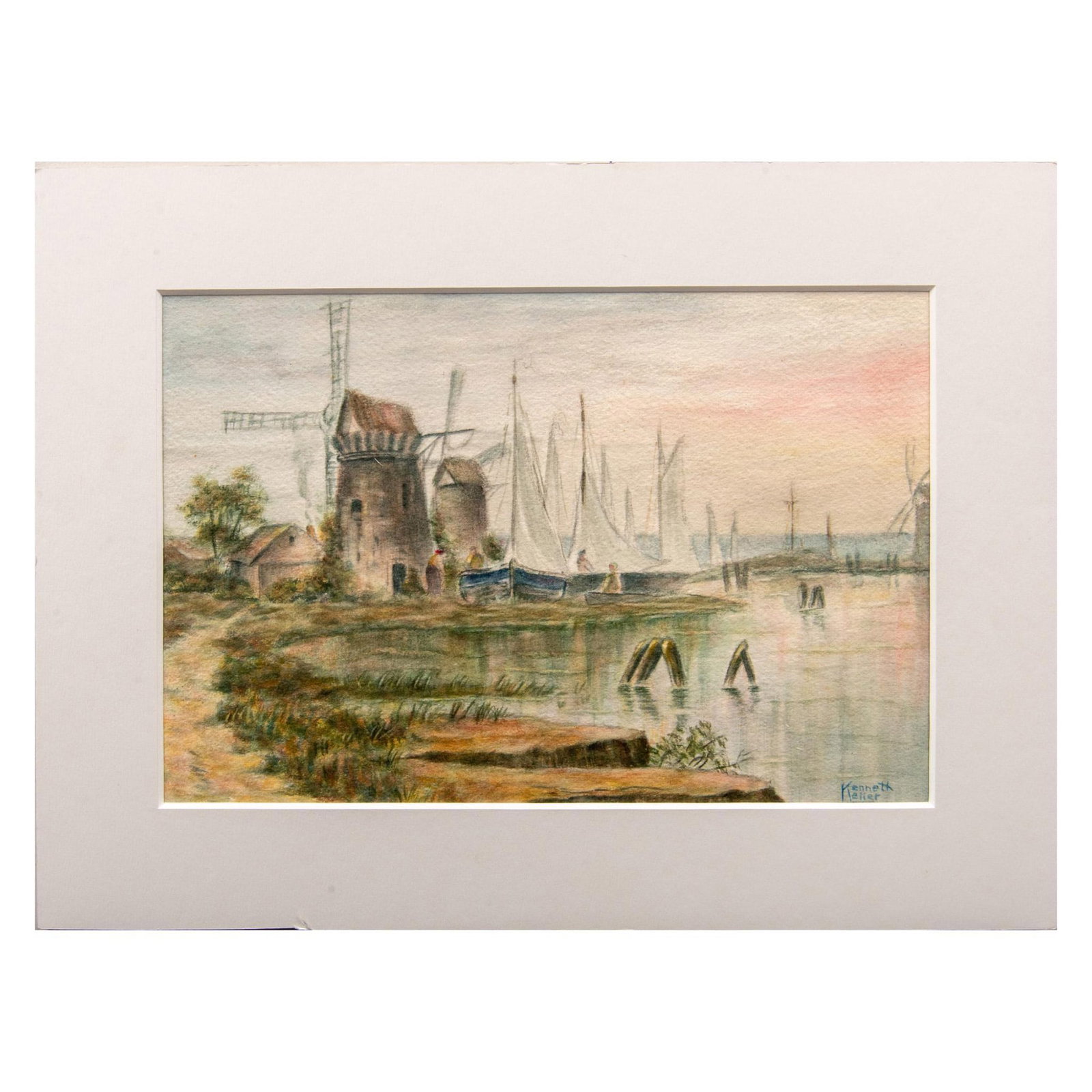 Kenneth Keller (American) Watercolor on Paper, Signed: Watercolor painting on paper painting depicting a riverside scene with windmills and sailboats. Signed Kenneth Keller in the lower right corner. Mounted in foam core mat board. Artist: Kenneth Keller 