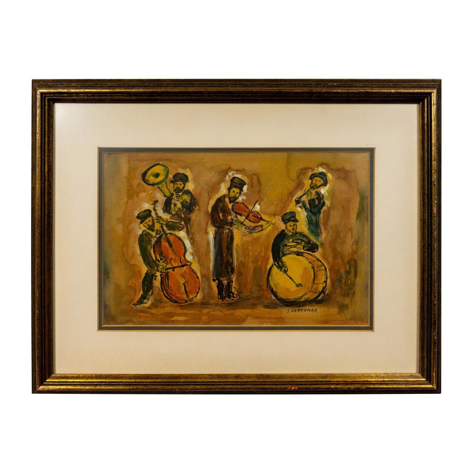 Simon Karczmar (Polish-French, 1903-1982) Painting, Signed: Watercolor on paper painting featuring a group of musicians. Signed in black by artist in lower right corner. Double cream and black mat boards. Gold-tone frame with black brushed details. Simon Karcz