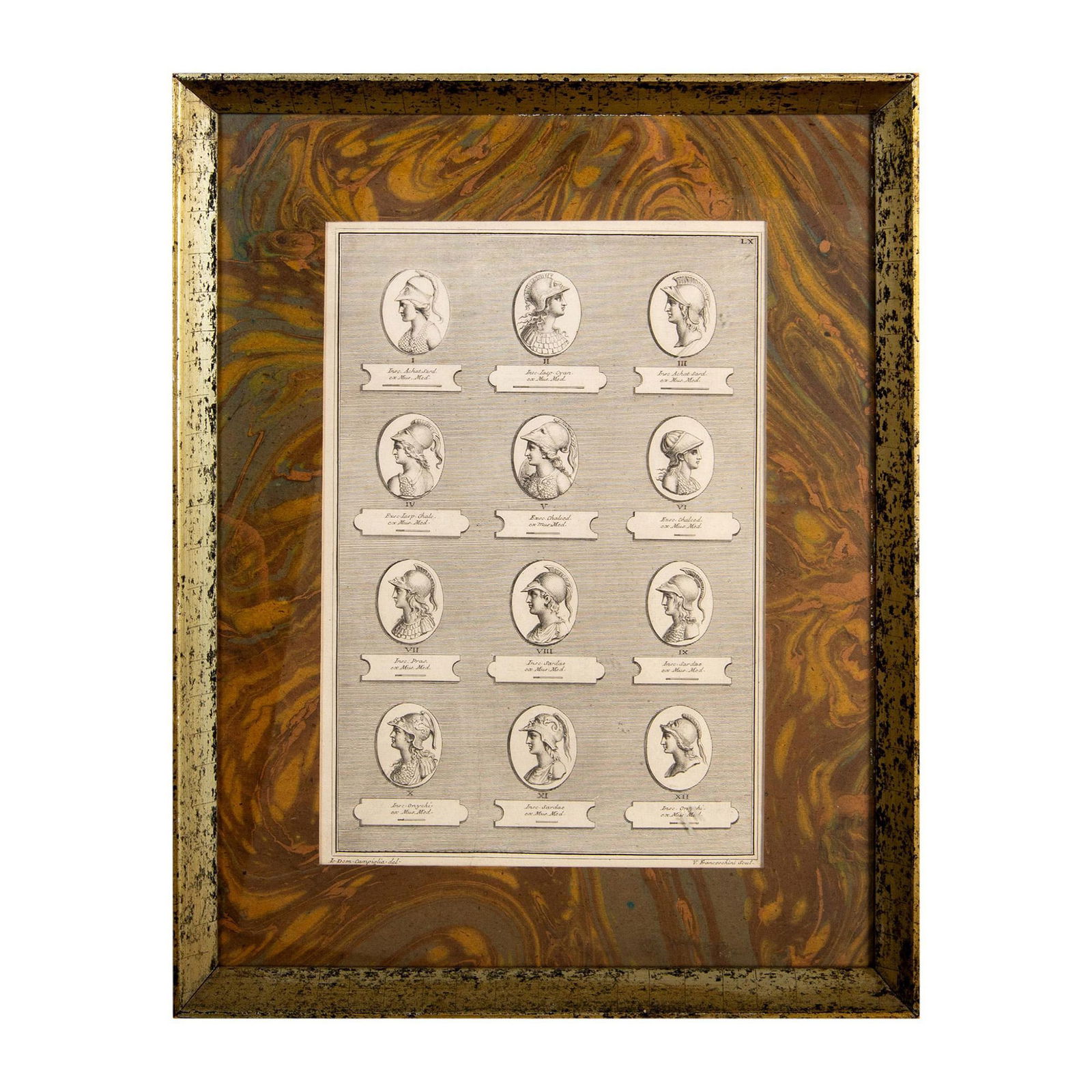 After Giovanni Domenico Campiglia 18th c. Engraved Print: Highly detailed engraved print featuring busts in profile of twelve Roman deities, possibly representative of the Council of Jupiter. Each has a plaque drawn beneath with an abbreviated inscription. I