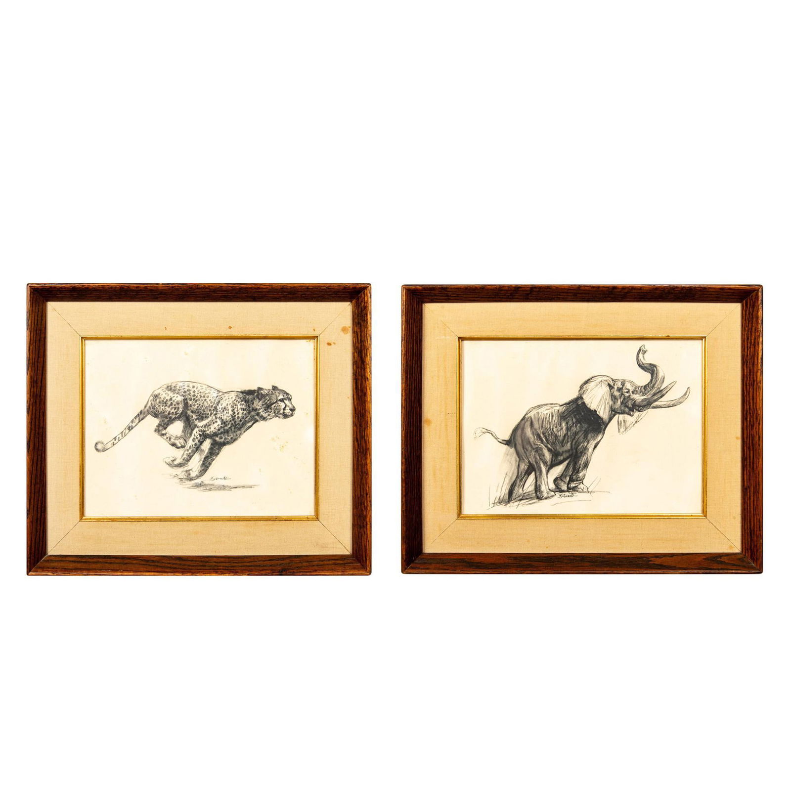 2pc Davis Schwartz Lithograph Prints, Cheetah & Elephant: Beautiful prints depicting expressive gestural sketches of a cheetah mid-sprint and a trumpeting male African elephant. Artist's signature is printed beneath each subject. Canvas borders with gold
