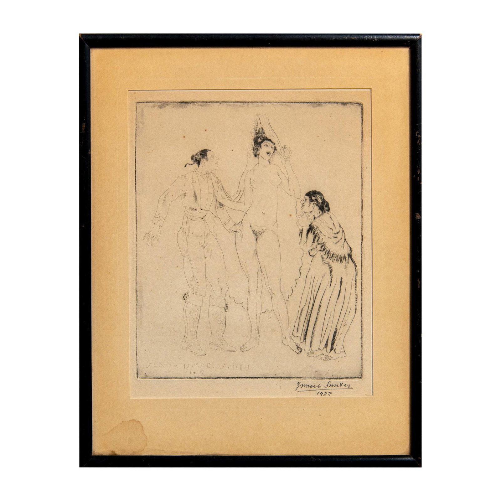 Ismael Smith Y Mari (Spanish, 1886-1972) Etching, Signed: Etching print on paper depicting a nude woman being groped and leered at by a young man and an old woman. Text on lower left reads Senor Ismael Smith 1919. Pencil signed by artist in lower right corne