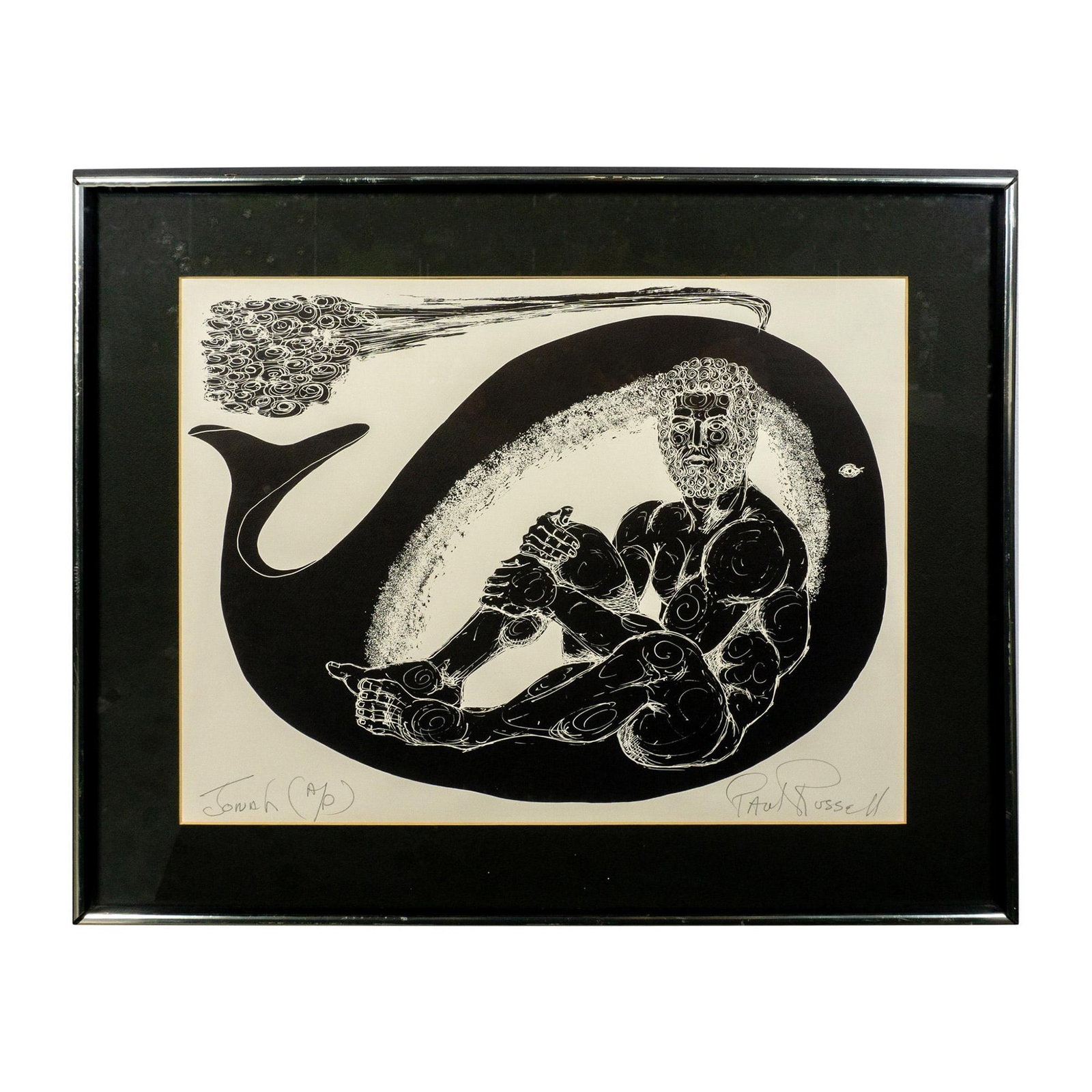 Paul Russell, Original Etching on Paper, Jonah, Signed: Outstanding original black and white etching on wove paper of biblical figure Jonah in the belly of the whale. Jonah is depicted as a Greco-Roman heroic figure as he sits in a stoic pose. Signature on