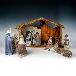 11pc Lladro Porcelain Nativity Set: Glossy finish set that includes King Melchior 1005479, King Gasper 1005480, King Balthasar 1005481, Baby Jesus 1005478, Mary 1005477, St. Joseph 1005476, Lost Lamb 1005484, Shepherd Boy 1005485, Ox