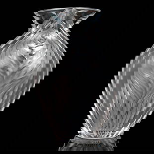 Lalique Crystal Vase, Pavie: A frosted and clear petite vessel of bulbous form, decorated with leaves of corn. Signed Lalique France to underside. Dimensions: 3.5"W x 5"H Manufacturer: Lalique Country of Origin: France Provenance
