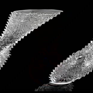 Lalique Crystal Vase, Arabesque: Petite glass vessel in satin finish decorated with birds in branches. Lalique France etched to underside. Dimensions: 3.25"W x 5.25"H Manufacturer: Lalique Country of Origin: France Provenance: Marie-