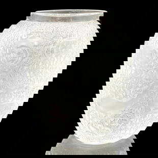 Lalique Crystal Vase, Biches: A clear frosted vase in a repetitious deer in forest pattern. Etched Lalique France on base. Issued: c. 1930s Dimensions: 5.5"W x 6.5"H Manufacturer: Lalique Country of Origin: France Provenance: