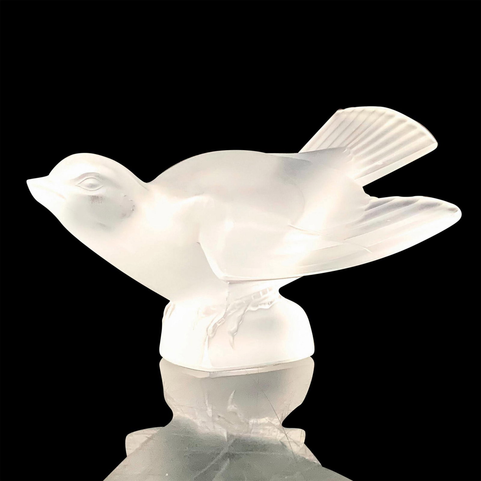 Lalique Crystal Wings Out Sparrow Figure: A fogged crystal sparrow that has its wings open and its tail raised up. Signed Lalique France. Dimensions: 5.25"L x 4"W x 3.25"H Manufacturer: Lalique Country of Origin: France Provenance: Marie-Clau