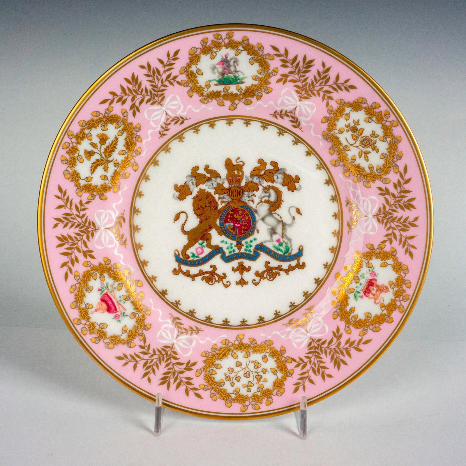 Royal Collection Trust Fine Bond China, Decorative Plate: Gorgeous pink fine bone China plate created based on typical shapes from the Georgian period. Designs are inspired by the two Worcester services in the Royal Collection: the border decorations of oak 