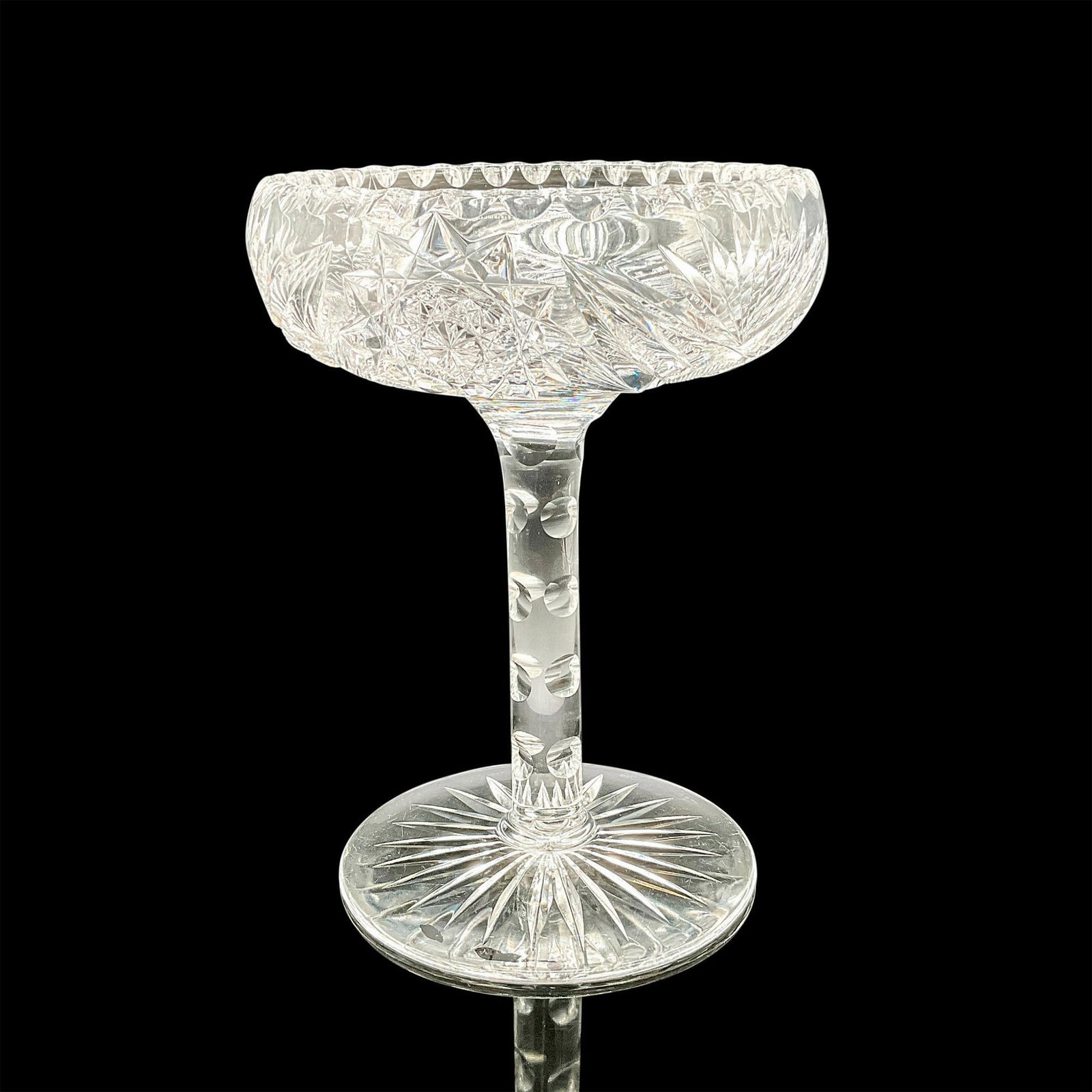 Fry Crystal Tall Compote Dish: Brilliant cut crystal compote tall compote bowl with pinwheel and fan cuts. Fry etched backstamp. Issued: 20th Century Dimensions: 5"L x 5"W x 8"H Country of Origin: USA