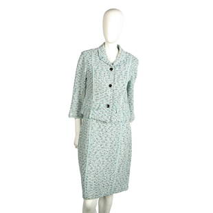 St. John Knit Dress and Jacket, Size 6: Sea green and blue knit sleeveless dress with round neck, zipper closure and back slit. Sea green trim accent on dress front. Matching three quarter length jacket with same trim. Three metal enameled