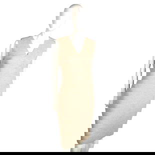St. John Sleeveless Knit Dress, Size 6: Cream and tan knit V neck dress. Back zipper closure and back slit. St. John tag. Issued: 20th century Manufacturer: St. John Country of Origin: United States