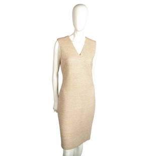 St. John Sleeveless Knit Dress, Size 6: Cream and tan knit V neck dress. Back zipper closure and back slit. St. John tag. Issued: 20th century Manufacturer: St. John Country of Origin: United States