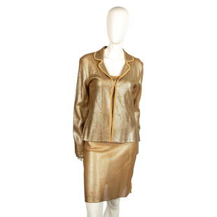 Vintage Alberto Makali Gold Mesh Dress & Jacket, Size Small: Open weave in gold metallic, straight-line dress with scooped lined neckline, spaghetti straps and small side slits. Jacket is long sleeved with fabric trim and hook closure. Alberto Makali label. 