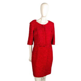 Vintage Red Ribbon Crochet Dress & Jacket: Sleeveless dress with zippered back closure. Matching short sleeved jacket with top snap closure. No label, no size. Issued: c. 1950