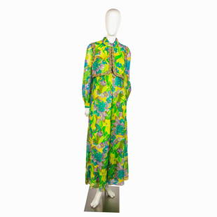 Vintage Lillie Rubin Floral Jumpsuit with Reversible Balero: Lime green chiffon high waisted jumpsuit with multicolored floral design. Rounded neck with zippered closure. Waist and Balero are rhinestone embellished. Lily Rubin tag. Issued: 20th century