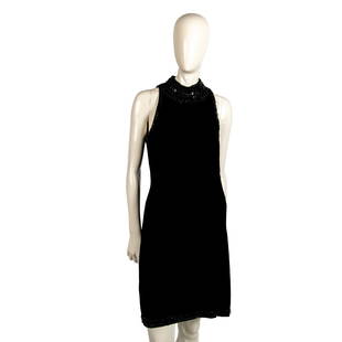 Badgley Mishka Black Beaded Velvet Evening Dress, Size 4: Sleeveless, high neck A line design. Beaded edges throughout. Badgley Mishka label. Issued: 20th century Manufacturer: Badgley Mishka Country of Origin: United States