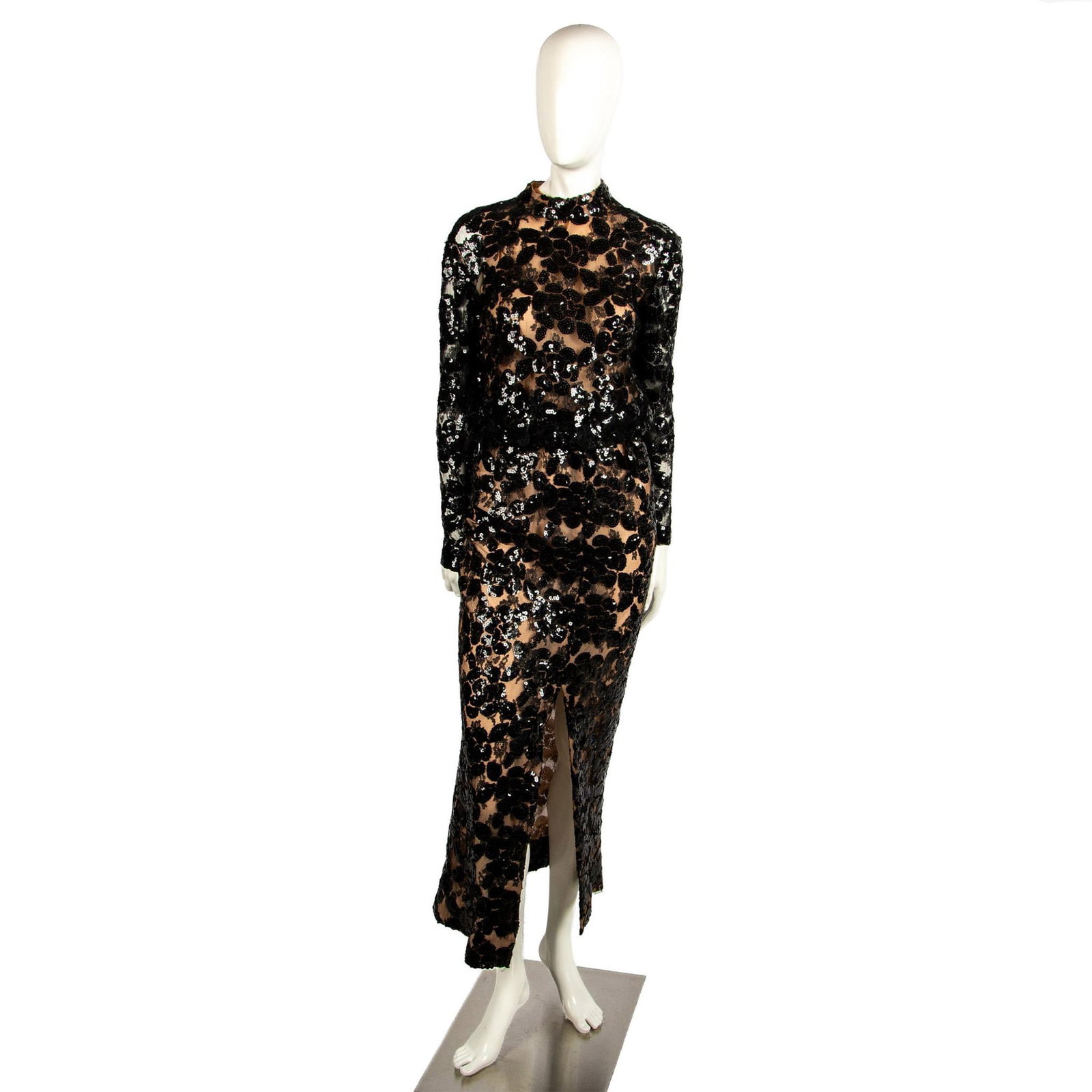 Vintage Alfred Bosand Black Evening Dress: Sleeveless lace and beading over nude lined floor length dress. Front slit with zippered closure in back. Pullover black laced top with long sleeves. Alfred Bossand label. Issued: 20th century Manufac