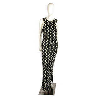 Vintage Chez Royale Beaded Evening Dress: Black and white zig zag beaded pattern on straight line long dress. Zippered back closure. Chez Royale label. Issued: 20th century Manufacturer: Chez Royale Country of Origin: China