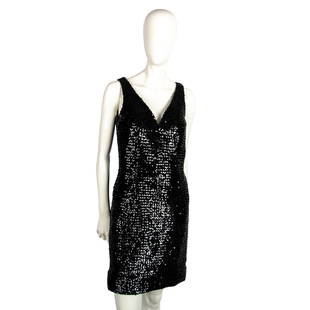 Vintage Vicky Tiel Sequined Evening Dress: Black V neck, sleeveless dress. Dress is lined. Zippered back closure. Vicky Tiel label. No size. Issued: 20th century Manufacturer: Vicky Tiel Country of Origin: Parie