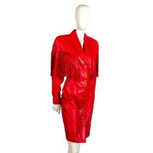 Michael Hoban North Beach Women's Small Leather Coat: Genuine red leather lined coat with tassels on shoulders and sleeves. Tapered design with snap button closure and cinch belt in back. Genuine Leather and Made in Hong Kong tags. Issued: 20th century M