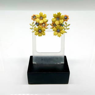 Pretty Coro Yellow Flower Clip-On Earrings: Cute Gold tone earrings with iridescent rhinestones and yellow and tan flowers. Coro stamp on back. Dimensions: 1.5"L x 1.25"W Manufacturer: Coro