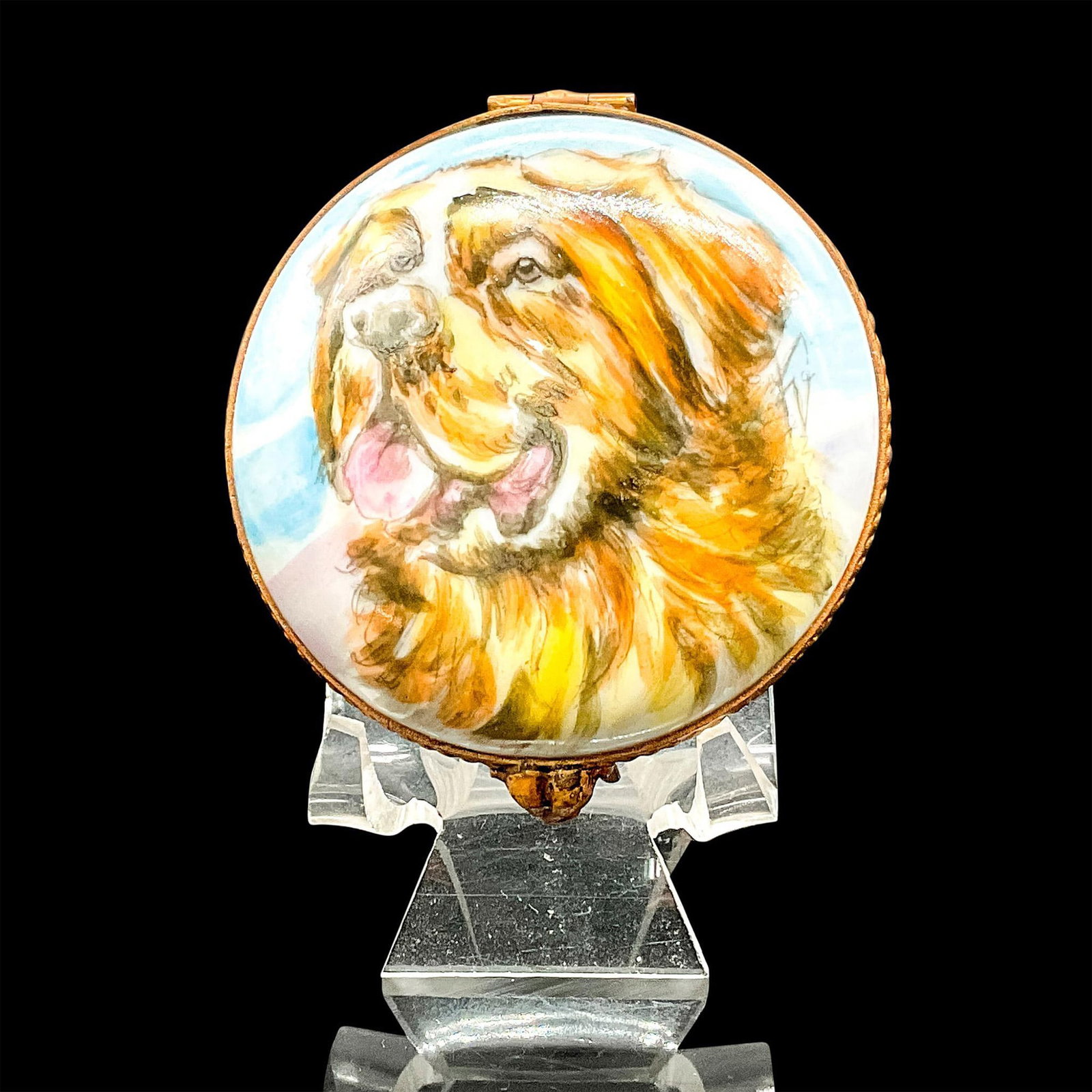 Limoges Porcelain Box, Hand Painted Dog: Adorable hand painted Limoges porcelain box with brass band and dog head fastener. Limoges, France backstamp. Dimensions: 2.5"L x 2.75"W x 1"H Country of Origin: Limoges, France