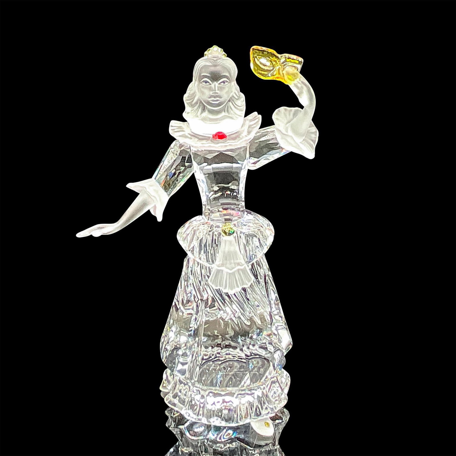 Swarovski SCS Crystal Figurine, Columbine: Second figure of the 'Masquerade' trilogy. A clear and frosted figure with ruby0red and canary-yellow crystal accents. Swarovski mark. Certificate of Authenticity included. This item has its original 