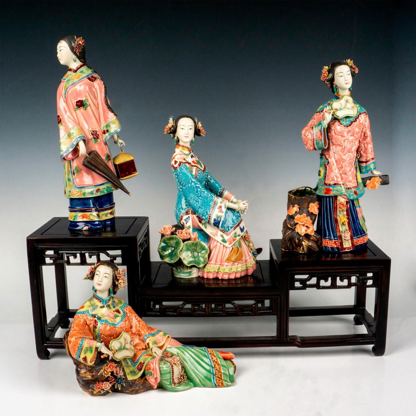 5pc Chinese Ceramic Glazed Maiden Figurines w/Display Base (1 of 5)