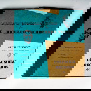 3 Richard Tucker Columbia Vinyl Records, Goldfaden Songs: 3 vintage 10-inch Yiddish records with original box case. Performing artist Richard Tucker (American, 1913-975) and orchestra under Sholom Secunda (American, 1894-1974). Listed songs includes; Rozshin