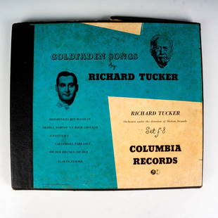 3 Richard Tucker Columbia Vinyl Records, Goldfaden Songs: 3 vintage 10-inch Yiddish records with original box case. Performing artist Richard Tucker (American, 1913-975) and orchestra under Sholom Secunda (American, 1894-1974). Listed songs includes;