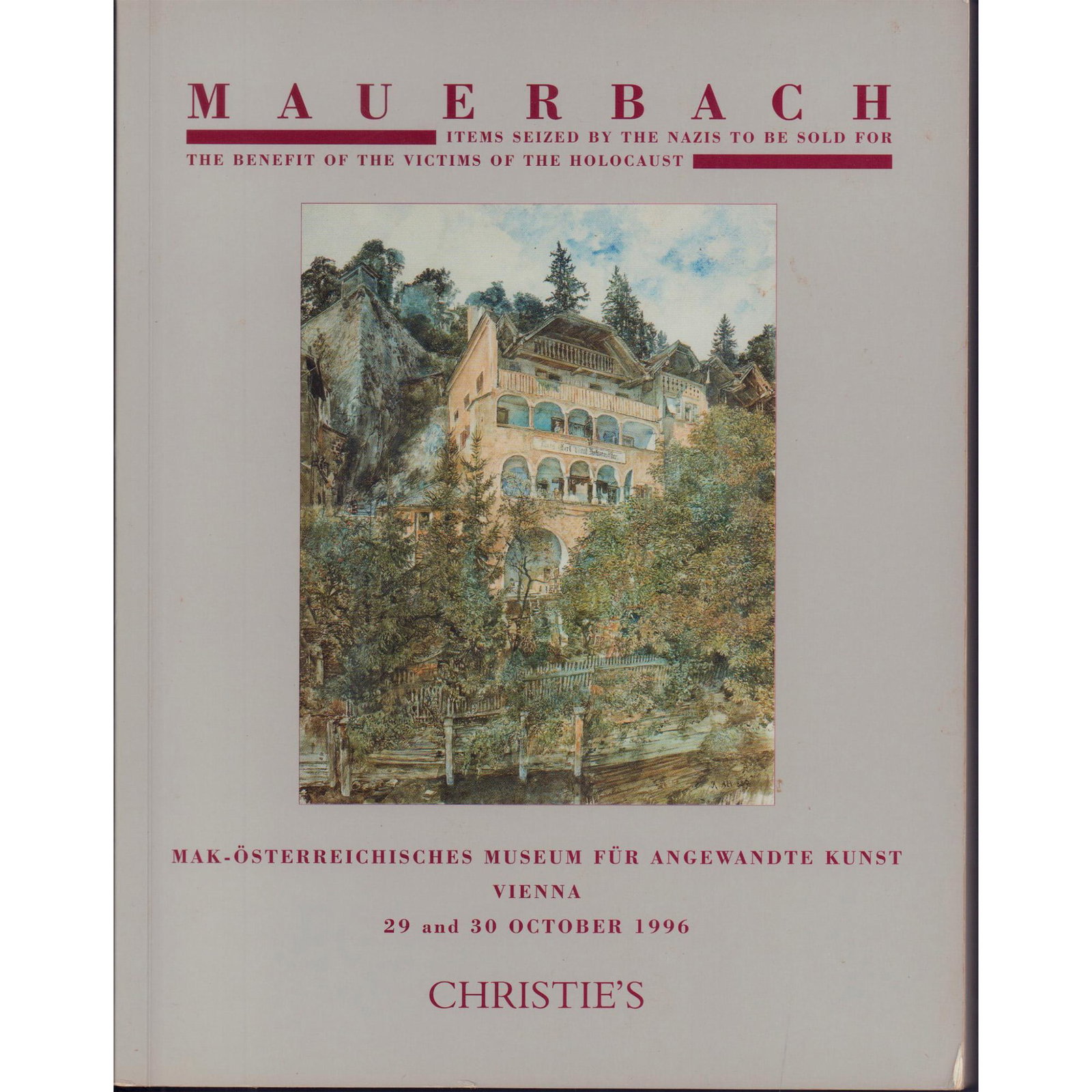 Christie's Auction Catalogue 1996, Mauerbach Benefit Sale: From the important non-profit Mauerbach auction sponsored by Christie's on October 30th, 1996 in Vienna, Austria. This historic auction includes major art works and items seized by the Nazis. After ev
