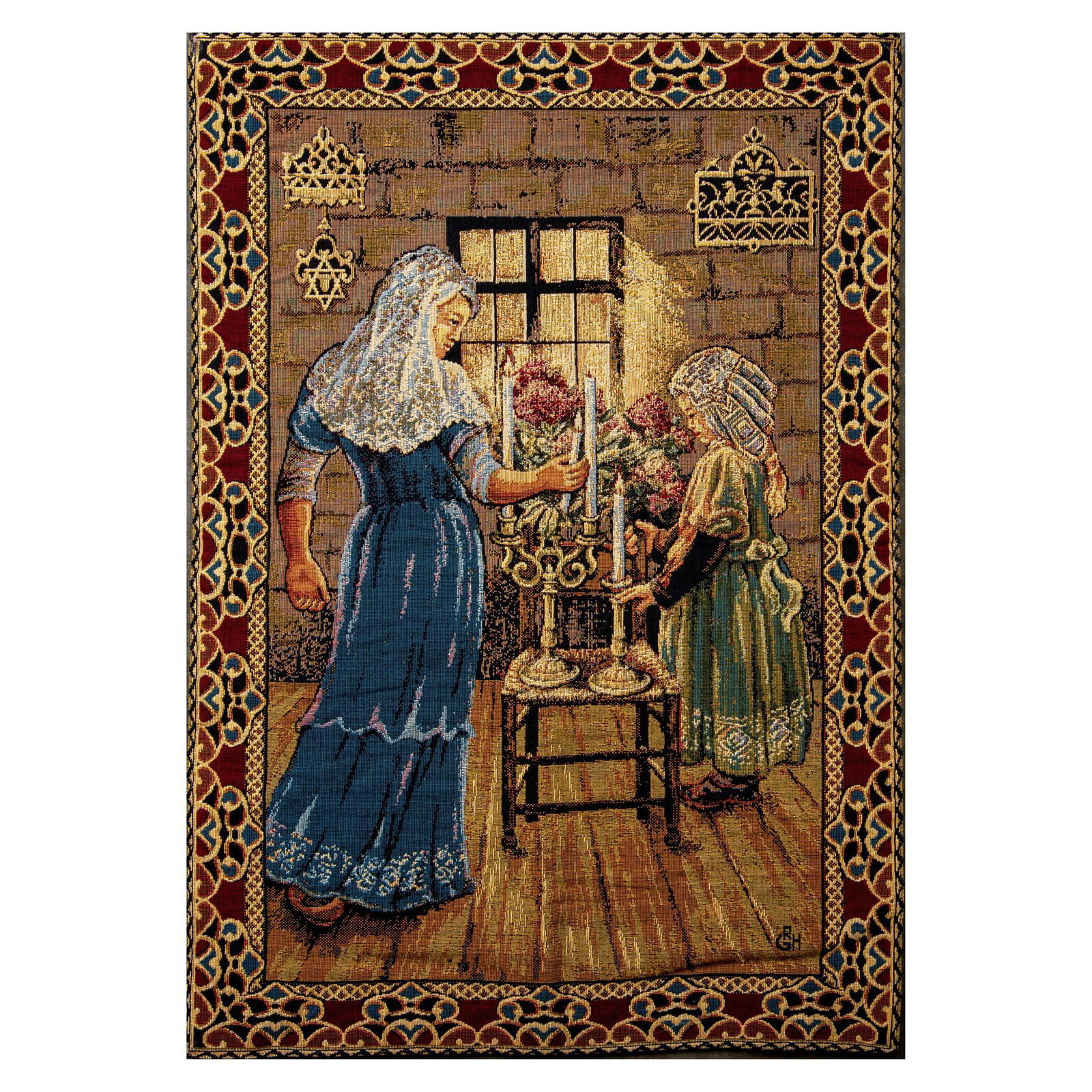 Belgian Hanging Tapestry, Candele: A beautifully detailed wall textile of a mother and daughter lighting candles. Artists initials sown on the lower right. 97% cotton and 3% polyester. Manufacturer tag on the reverse side. Dimensions: 