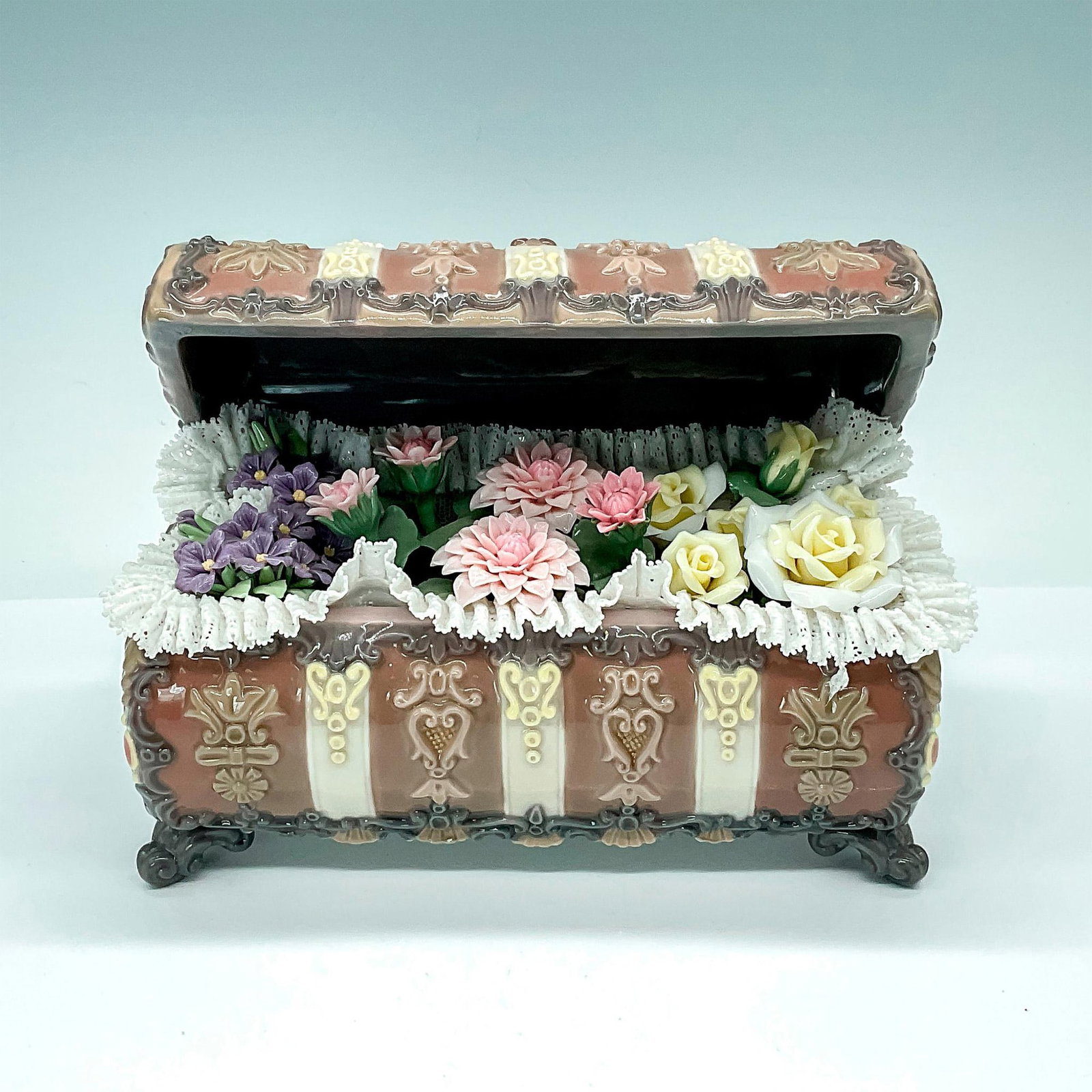 Flowers Chest 1001572 - Lladro Figurine: Porcelain figurine flower chest filled with delicate flowers and frilly lace. Lladro backstamp. Issued: 1987-2002 Dimensions: 6.5"L x 4"W x 4.75"H Manufacturer: Lladro Country of Origin: Spain