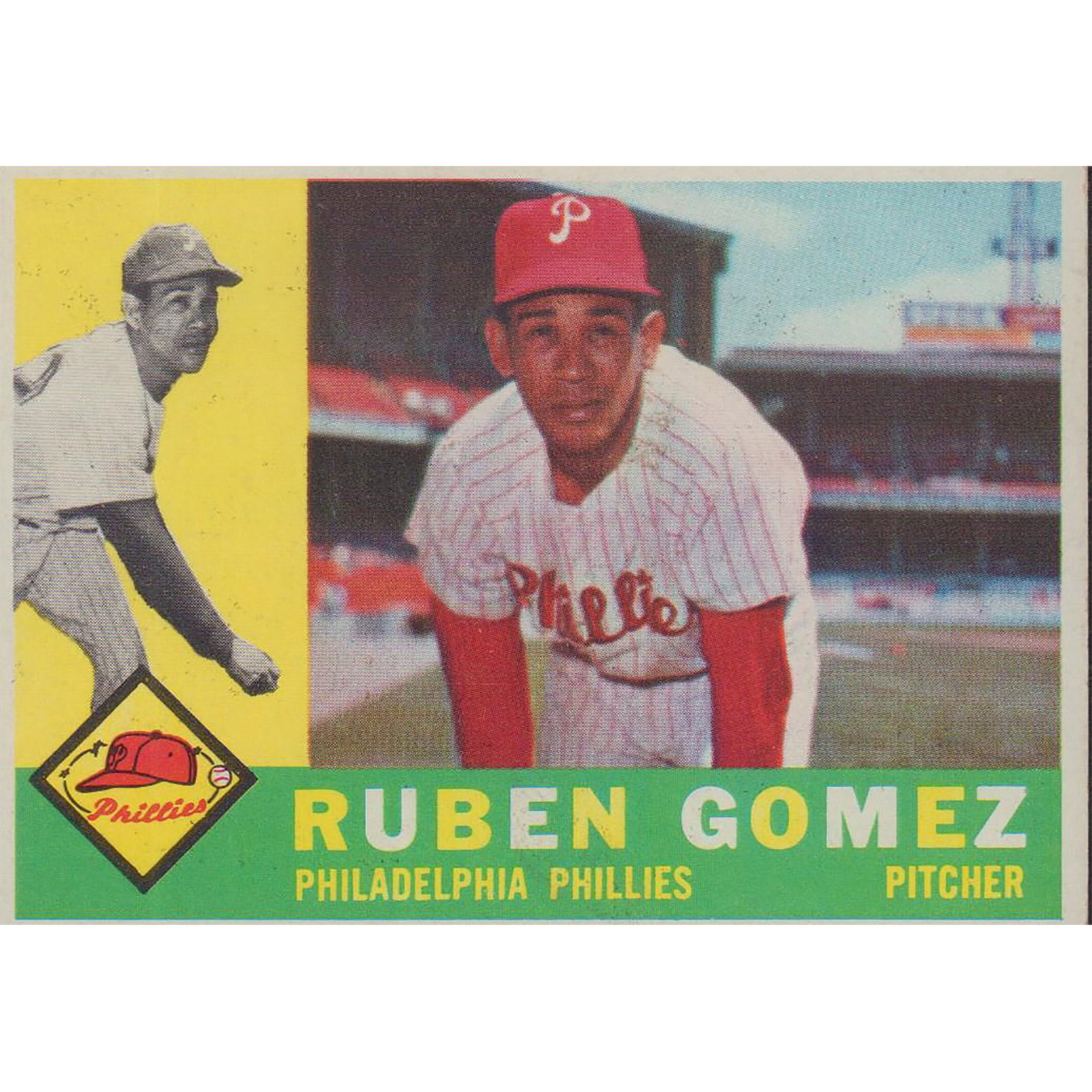 Ruben Gomez, No. 82 from TOPPS Base Cards: Rubin Gomez (1927-2004) was a professional right-handed starting-pitcher who became the first Puerto Rican to pitch in a World Series game. Gomez was nicknamed El Divino Loco. (The Divine Madman) on a