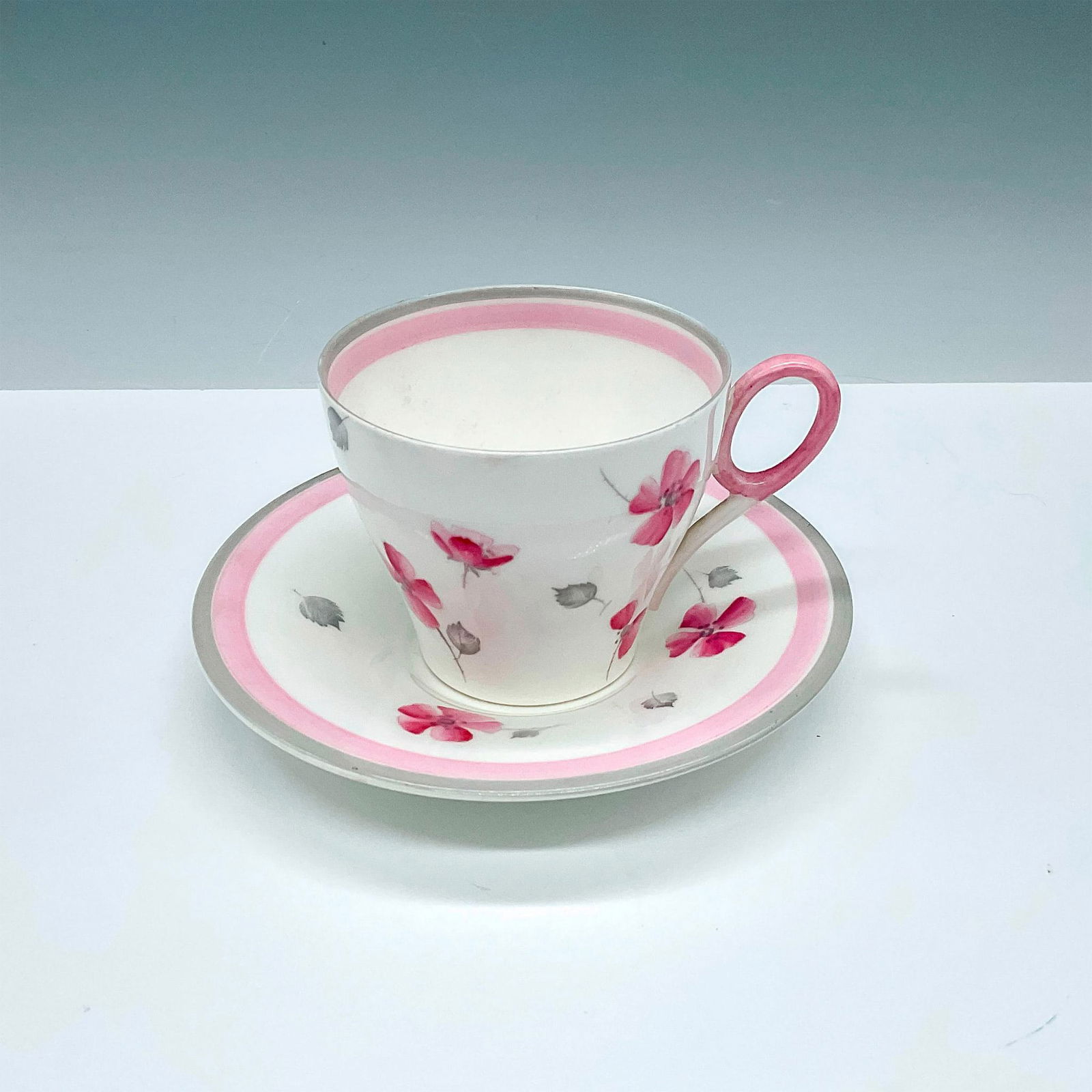 Shelley China Teacup and Saucer Set, Pink & Grey Flowers (1 of 3)