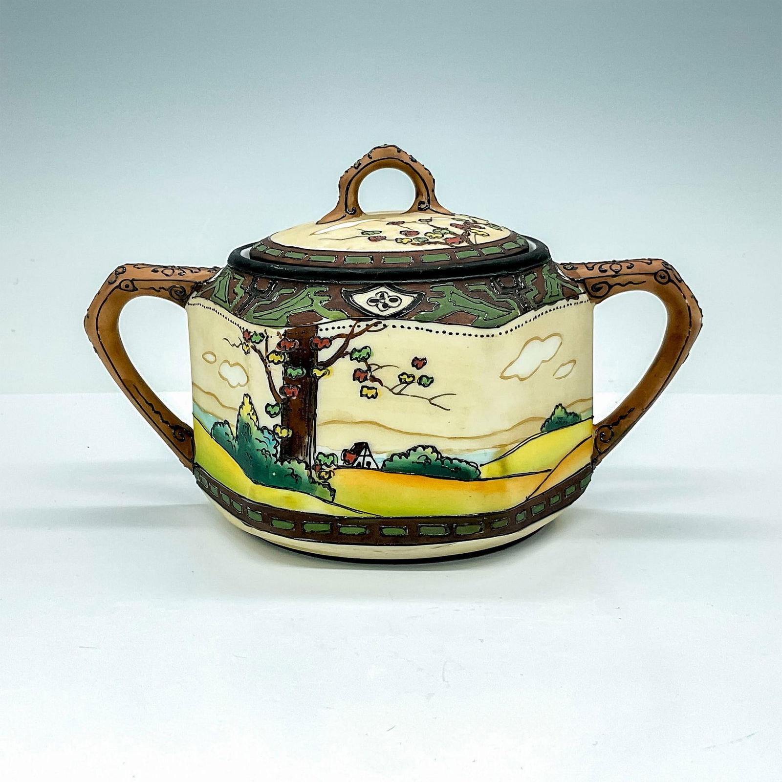 Nippon Moriage Ware Lidded Sugar Bowl with Pastoral Scene (1 of 3)