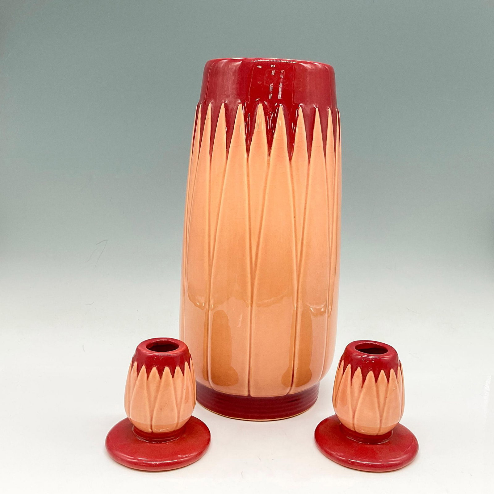 3pc Roseville Pottery Vase + Candle Holders, Lotus (1 of 3)