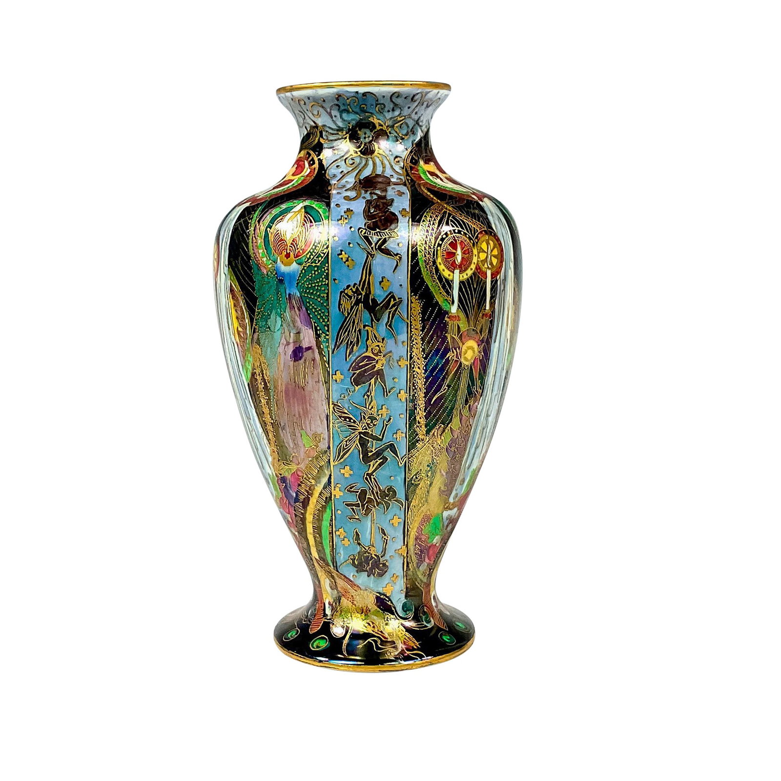 Wedgwood Black Fairyland Lustre Vase, Candlemas: Vase shape 2034; decorated in Candlemas pattern against a black and blue lustre ground with Flaming Wheel pattern to interior rim. Wedgwood gilt Portland vase mark and MADE IN ENGLAND and Z5157 on the