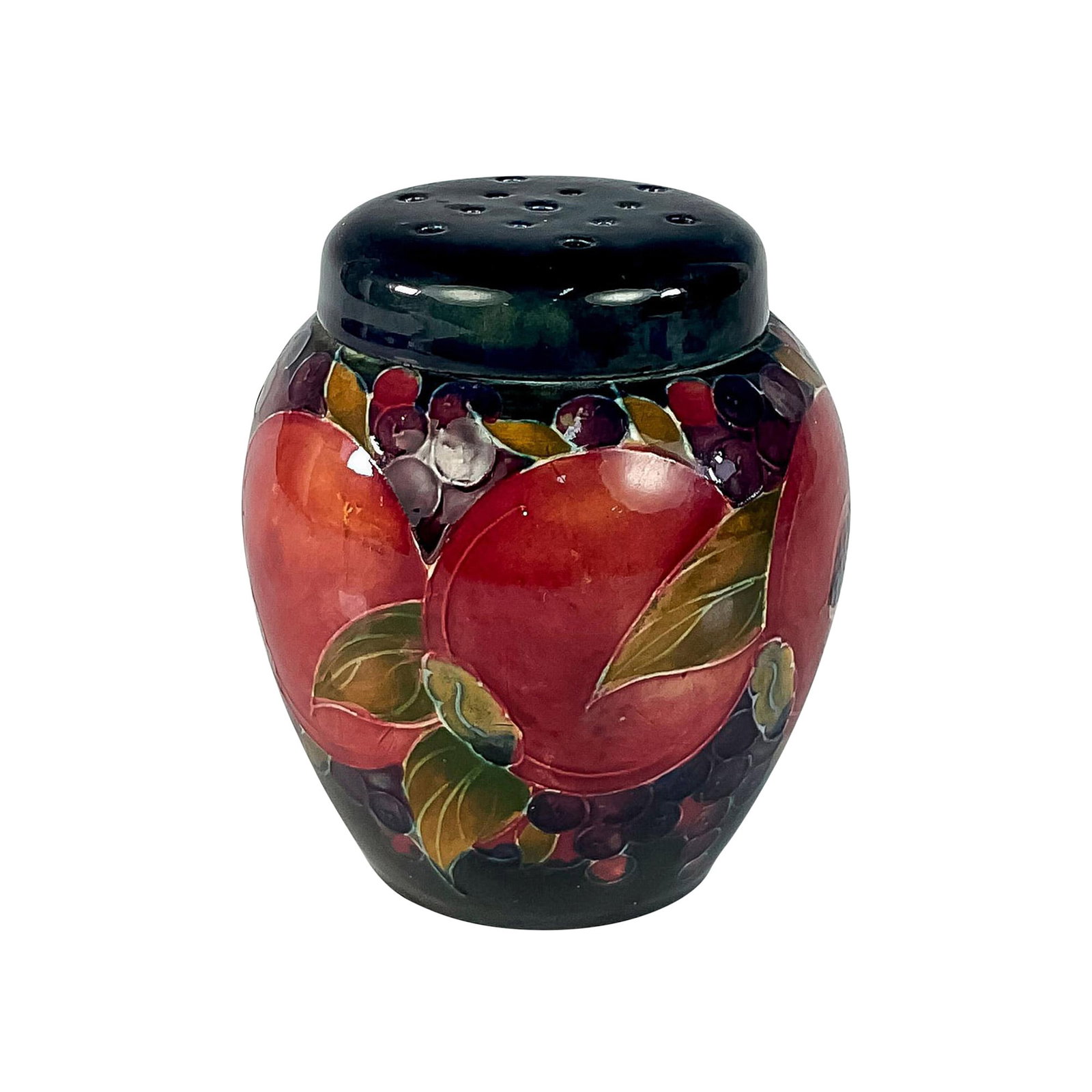 Moorcroft Pottery Pomander, Pomegranate: Lidded pomander with hand painted designs of various colored fruits and finches surrounding body. W. Moorcroft signed to underside. Artist: William Moorcroft Issued: c. 1915 Dimensions: 3.25"W x 4.25"
